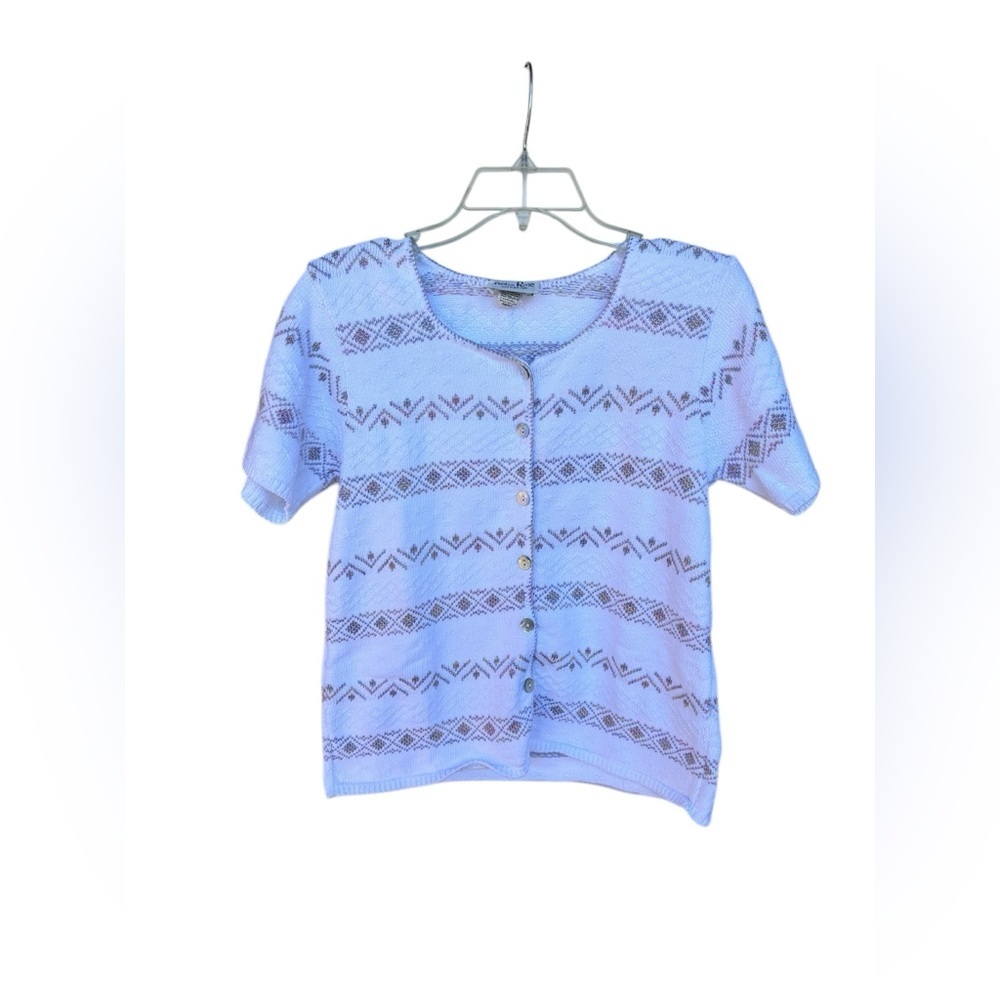 Vintage Reba Rose White Button Up Short Sleeve Sweater Small cottagecore